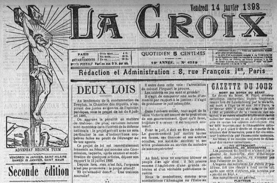 « La Croix » réagit au « J’accuse » de Zola – 1898