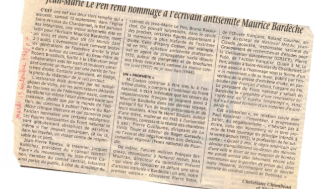 Jean-Marie Le Pen devant la mort du collaborationniste Maurice Bardèche (1998)